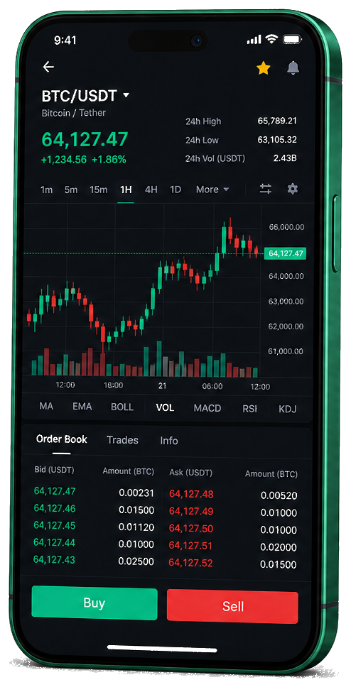 Berk Waardborg mobile trading screen showing a live BTC/USDT chart, order book, and buy and sell controls